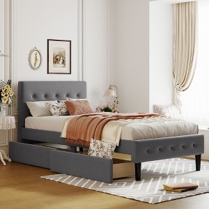 NicBex Twin Size Upholstered Platform Bed Frame with Linen Tufted Headboard and 2 Drawers,Wood Slats Support,No Box Spring Needed,Easy Assembly - 1 of 4