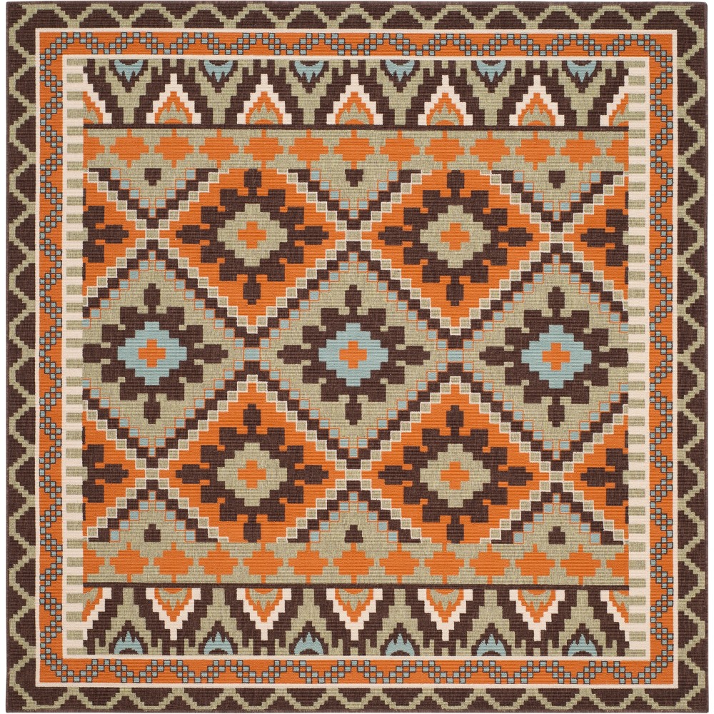 6'7inX6'7in Geometric Design Loomed Square Area Rug Green/Terracotta - Safavieh