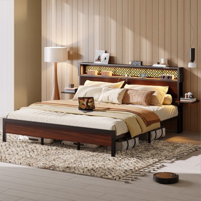 Bestier King Size Platform Bed Frame with Wood Foldable Bedside Shelves and LED Storage Headboard Charge Station