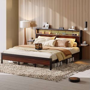 Bestier King Size Platform Bed Frame with Wood Foldable Bedside Shelves and LED Storage Headboard Charge Station - 1 of 4