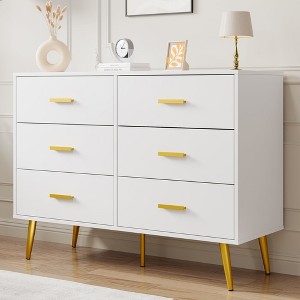 Jojoka Modern 6 Drawer Wooden Dresser with Gold Knobs Large Storage Chest for Bedroom Living Room and Entryway Organizer - 1 of 4
