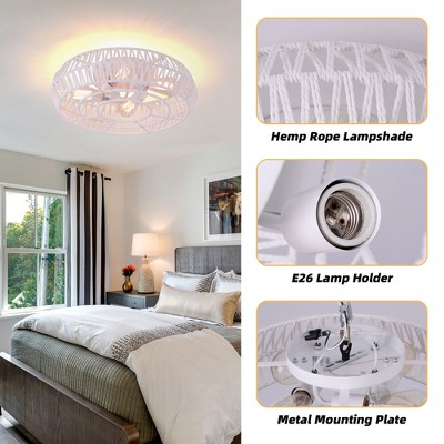 White Metal and Hemp Bohemian Flush Mount Ceiling Light