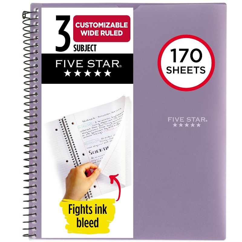 Five Star 170 Sheets 3 Subject Wide Ruled Customizable Notebook Feature Rich Lilac, 1 of 9