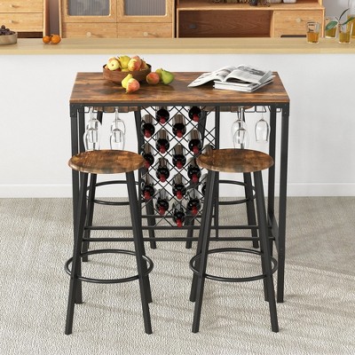Rustic Brown and Black Industrial Pub Table Set with Wine Rack and Glass Holder