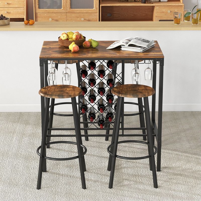 Costway 5PCS Bar Table & Stools Set Industrial Bistro Set with Wine Rack & Glass Holder, 5 of 6