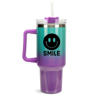 100 North Smile Happy Face Hippie Wrap-Around 40 Oz. Stainless Steel Water Bottle Coffee Mug, Spill & Leak Resistant, Travel Tumbler with Handle, Lid