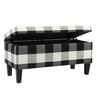 Elegant Black and White Plaid Upholstered Storage Bench with Tapered Legs
