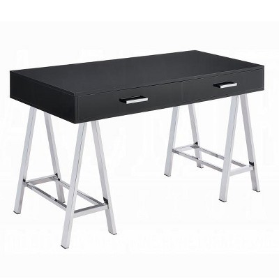 Vynxaria 2-Drawer Writing Desk in Black High Gloss Chrome Accents Contemporary Storage for Home Office