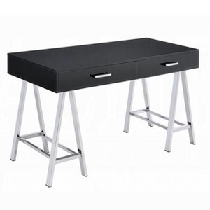 Vynxaria 2-Drawer Writing Desk in Black High Gloss Chrome Accents Contemporary Storage for Home Office - 1 of 4