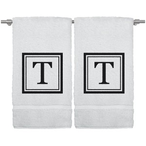 BC BARE COTTON Monogrammed Hand Towel, 100% Turkish Cotton - Set of 2 - White - Black Square - 1 of 4