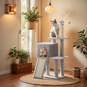 Cat Tree for Indoor Cats - 46.5-Inch Multi-Level Plush Cat Tower with Scratching Post, Ramp, 3 Removable Pompom Sticks, Cat Cave - 1 of 4