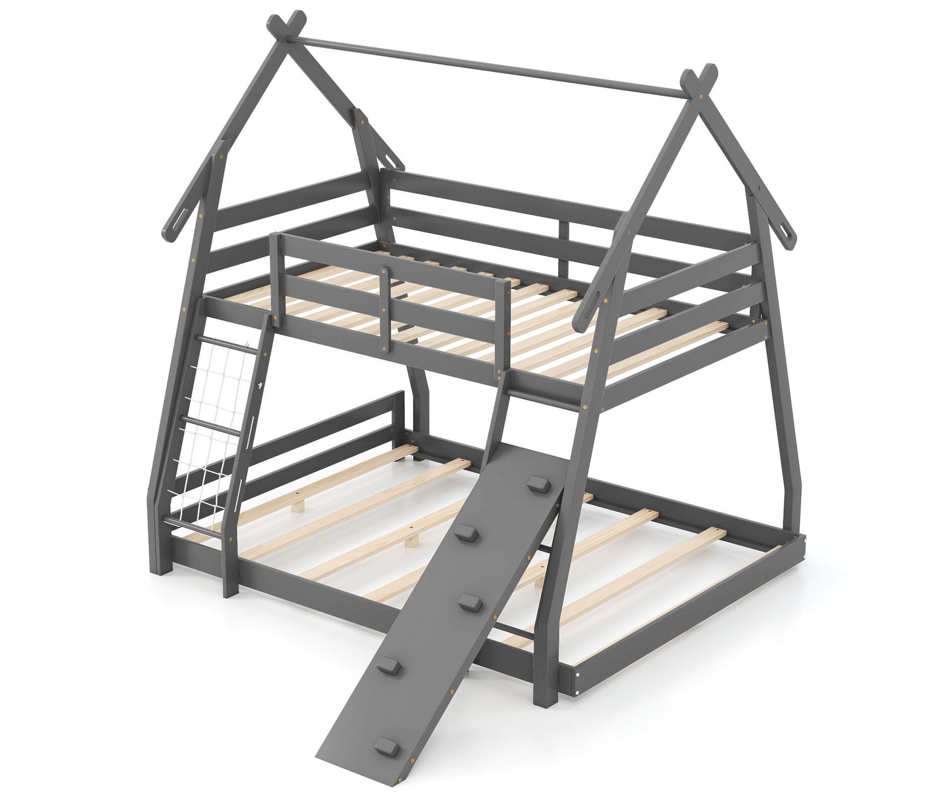 Costway Twin Over Queen Bunk Bed House Shaped Bed Frame with Climbing Nets and Ramp Gray