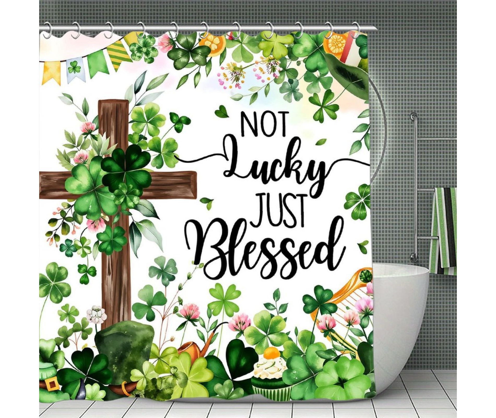 St. Patricks Day Shower Curtain Not Lucky Just Blessed Green Shamrock Shower Curtain Clover Bathtub Decor Fabric Waterproof Washable 70.8x70.8Inch