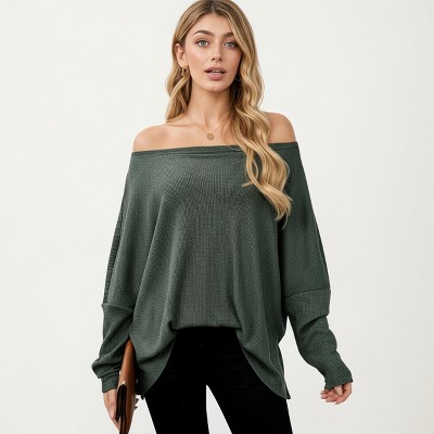 Anna-Kaci Women's Off Shoulder Long Sleeve Knit Top with Relaxed Fit