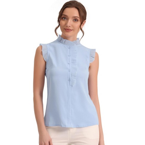 Allegra K Women's Summer Solid Ruffle Round Neck Sleeveless Button Up Shirt  Light Blue Small : Target