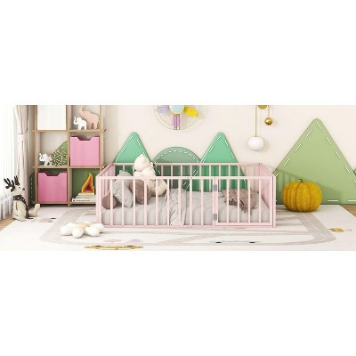 Okak Full Size Modern Floor Bed Frame with Safety Fence and Door, Metal Children's Floor Bed Frame for Kids Girls Boys Easy to Assemble, Pink