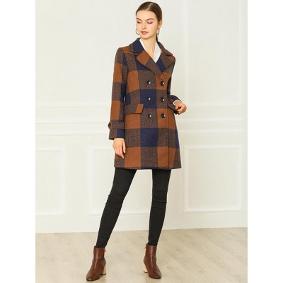 Allegra K Women's Winter Notched Lapel Double Breasted Classic Buffalo Checks Pea Coat X-Small Brown — фото 3