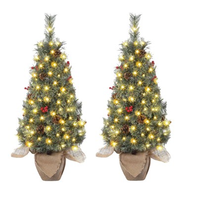 Small Xmas Tree, Mini Christmas Tree w/Lights, 3ft Christmas Tree pre-lit w/78 Warm White LED Lights,Red Berry Clusters and Cloth Bag Base,2pcs