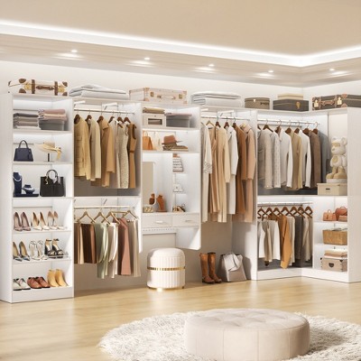 Aheaplus 131'' - 156'' Corner Closet Organizer with Makeup Vanity, Closet System with Shoe Rack and Tower Shelves