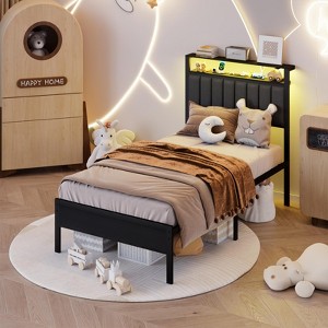 Furnulem Twin size bed frame with charging station and LED light gray upholstered headboard two-tier storage shelves No Box Spring Needed Black - 1 of 4