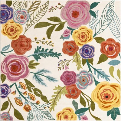 Ivory Floral Square Easy Care Stain-resistant Area Rug