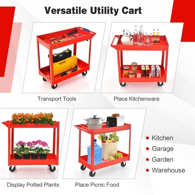 Red Metal 2-Tier Utility Cart with Wheels and Handle
