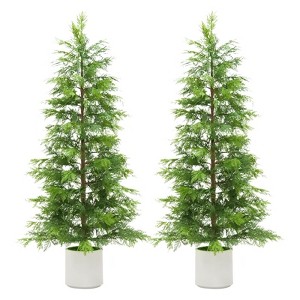 Compact Artificial Cedar Topiary Trees ¨C 2 Pack Faux Evergreen in White Pots ¨C UV Resistant Decorative Potted Pine - 1 of 4