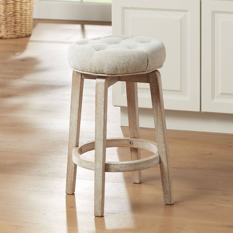 55 Downing Street Shelby White Wood Swivel Bar Stool 26" High Farmhouse Rustic Oatmeal Upholstered Cushion with Footrest for Kitchen Counter Height, 2 of 9