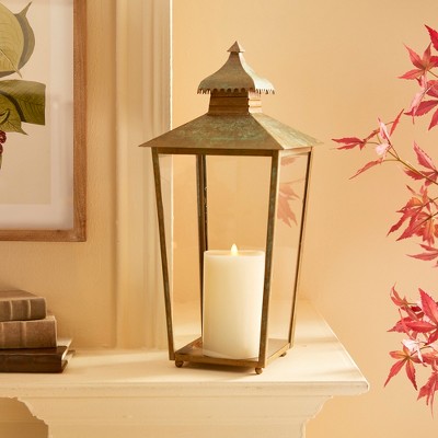 Patina Iron and Glass Pagoda Candle Lantern