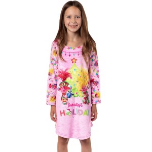 Trolls Girl's Sweetest Holiday Plush Fleece Raglan Kids Pajama Nightgown Multicolor - 1 of 4