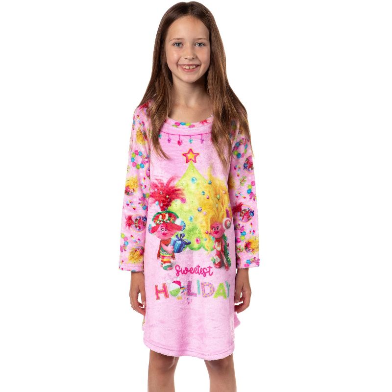 Trolls Girl's Sweetest Holiday Plush Fleece Raglan Kids Pajama Nightgown Multicolor, 2 of 5