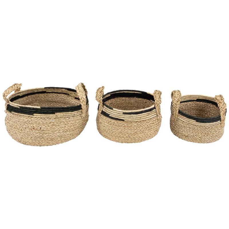 Northlight Set of 3 Khaki and Black Braid Weave Seagrass Storage Baskets with Handles 13.75", 1 of 7