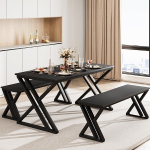 Kitchen Table with Benches, Dining Table Set for 4 with Faux Marble Tabletop - 1 of 4