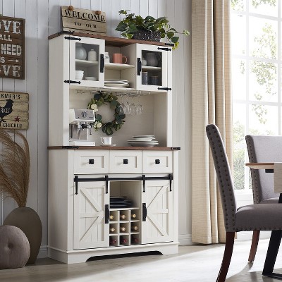 OKD 72" Bar Cabinet with Sliding Barn Door, Large Kitchen Buffet with Hutch w/Wine & Glasses Rack, 3 Drawers, 12 Storage Shelves