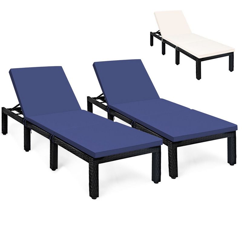 Tangkula 2PCS Patio Lounge Chair Rattan Chaise w/ Adjustable Navy/Red & Off White Cushioned, 1 of 8
