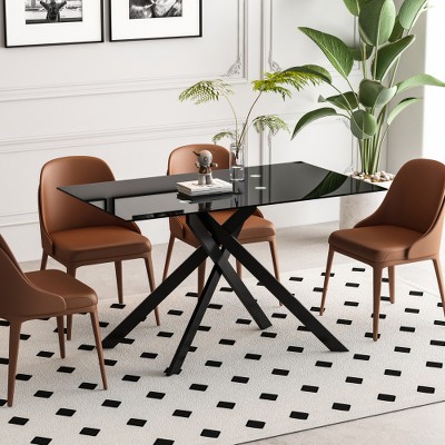 Dolonm  51.18" Rectangular Clear Tempered Glass Dining Table,Stylish Design with Black Metal Legs, Dining Table for Dining Room