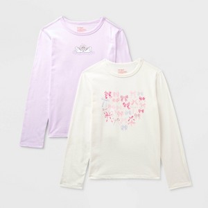 Kids' 2pk Adaptive Long Sleeve 'Swans/Bows' Graphic T-Shirt - Cat & Jack™ Light Purple/Cream - 1 of 3