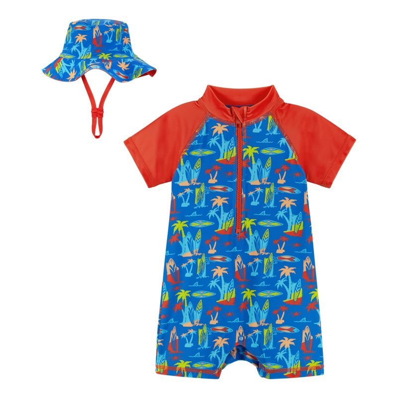 Andy & Evan  Infant  Surfboard Print Swim Romper and Hat, 1 of 5