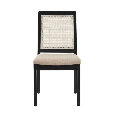 Black Solid Wood Dining Chair with Rattan Inset Back, Set of 2