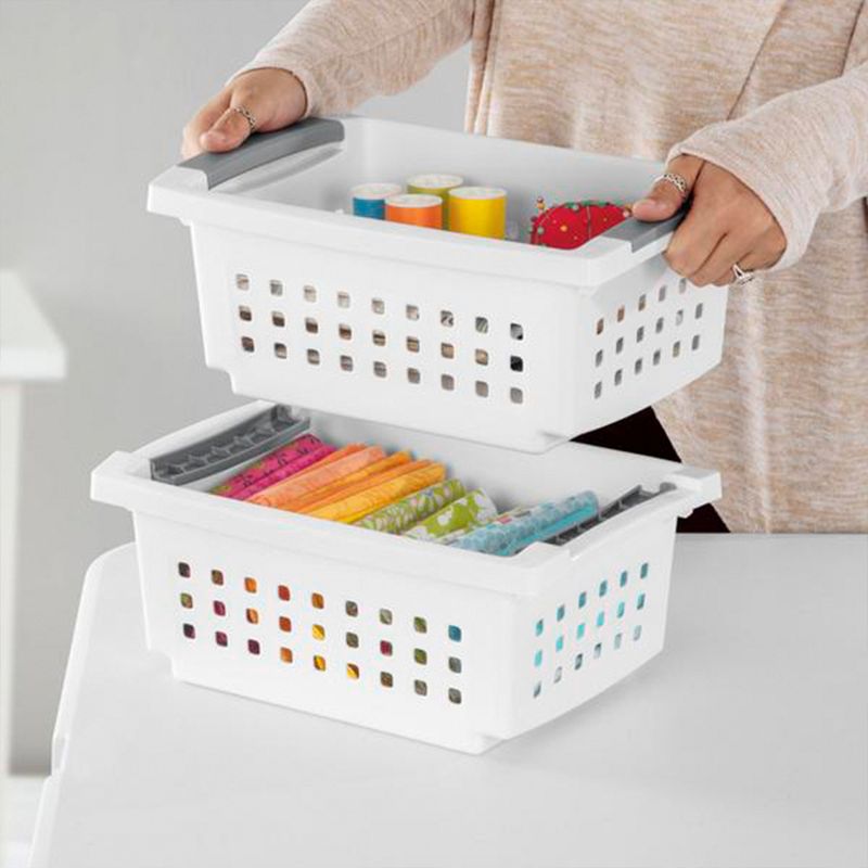 Sterilite Small Plastic Stacking Storage Basket Container Totes w/ Comfort Grip Handles and Flip Down Rails for Household Organization, 5 of 7