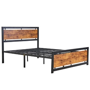 VECELO Twin/Full/Queen/King Size Bed Frame with Wooden Headboard, Metal Bed Platform No Box Spring Needed with Heavy Duty Steel Slat, Brown - 1 of 4