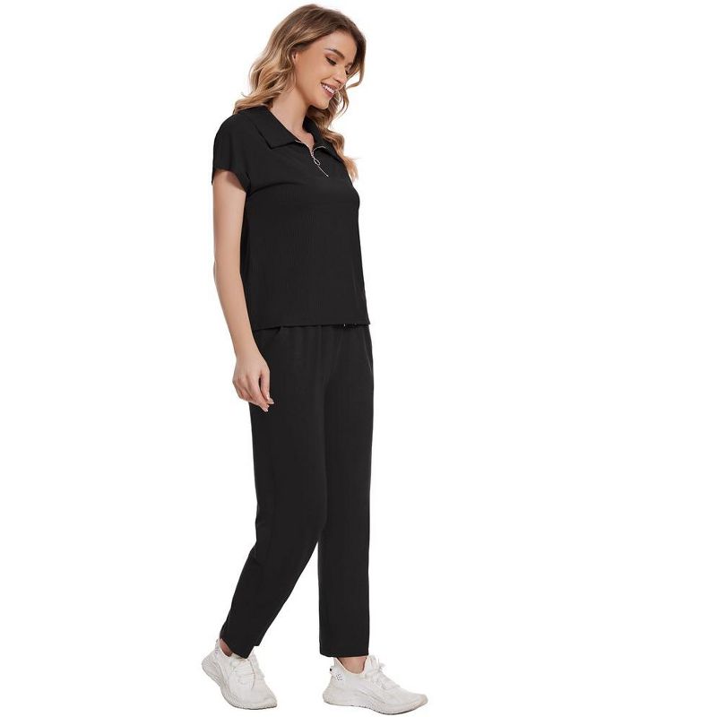 Summer 2 Piece Outfits for Women Casual Sweatsuits Short Sleeve V Neck Tops with Crop Long Pants, 5 of 8