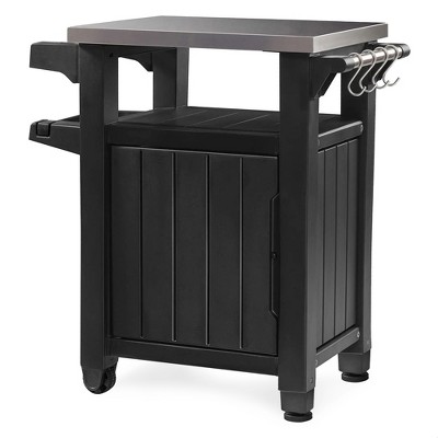 Keter Unity Portable 40 Gal Outdoor Table and Storage Cabinet w/ Accessory Hooks, Stainless Steel Top for Patio Kitchen Island or Bar Cart