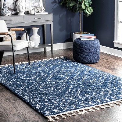 Vasiliki Blue and Ivory Geometric Shag Rectangular Area Rug