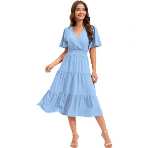 Clearlove Women's Casual V Neck Midi Dress Smocked Waist Tiered Short Sleeve A Line Pleated Flowy Long Dress - 1 of 4