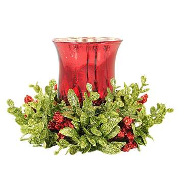 Ganz 4.0 Inch Red Candle Holder With Mistletoe Mistletoe Glitter Tealight Candle Holders