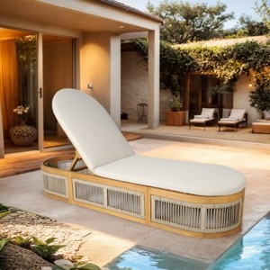 Moda Furnishings Acacia Wood Rope Weaving Patio Outdoor Reclining Chaise Lounge With Cream Cushions - 1 of 4