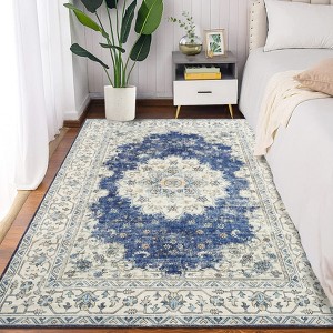 Boho Farmhouse Washable Area Rug - Large Neutral Floral Vintage Non-Slip Carpet for Living Room, Bedroom, Nursery, Playroom & Office - 1 of 4