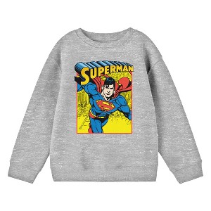 Superman Flying Above City Crew Neck Long Sleeve Athletic Heather Boy's Sweatshirt - 1 of 2
