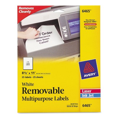 Avery Removable Multi-Use Labels 8 1/2 x 11 White 25/Pack 6465